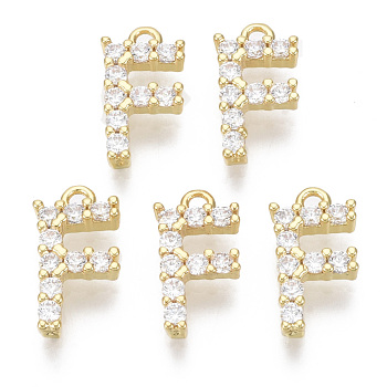 Brass Micro Pave Cubic Zirconia Charms, Nickel Free, Letter, Clear, Real 18K Gold Plated, Letter.F, 13.5x7.5x2.5mm, Hole: 1.2mm