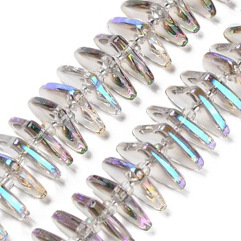 Electroplate Glass Beads Strands, Triangle, Purple, 9x15.5~16x2.8~3mm, Hole: 1mm, about 119~131pcs/strand, 24.21''~24.41''(61.5~62cm)