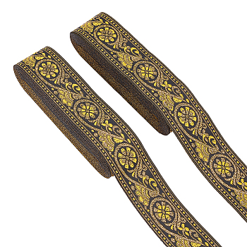 Ethnic style Embroidery Polyester Ribbons, Jacquard Ribbon, Garment Accessories, Single Face Floral Pattern, Yellow, 1-3/8 inch(34mm), 7m/roll