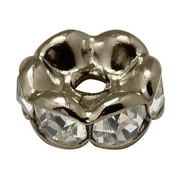 Brass Rhinestone Spacer Beads, Grade AAA, Wavy Edge, Nickel Free, Gunmetal, Rondelle, Crystal, 8x3.8mm, Hole: 1.5mm