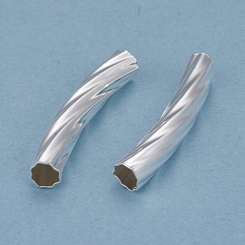 Brass Tube Beads, Long-Lasting Plated, Curved Beads, Twist Tube, 925 Sterling Silver Plated, 32x5mm, Hole: 4mm