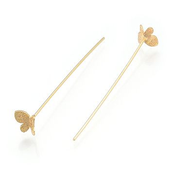 Brass Butterfly Head Pins, Frosted, Nickel Free, Real 18K Gold Plated, 53x0.7mm, Head: 7.5x7mm
