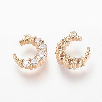 Brass Micro Pave Cubic Zirconia Charms, Nickel Free, Real 18K Gold Plated, Moon, 12x10x3.5mm, Hole: 1mm