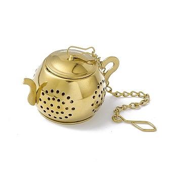 Teapot Shape Loose Tea Infuser, with Chain & Hook, 304 Stainless Steel Mesh Tea Ball Strainer, Golden, 140x3mm