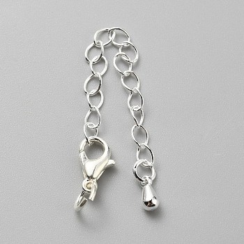 Brass Curb Chain Extenders, End Chains with Teardrop Chain Tab and Lobster Claw Clasp, Silver, 40~45mm