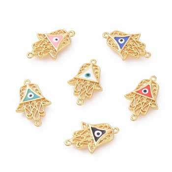 Brass Enamel Links connectors, Hamsa Hand/Hand of Fatima/Hand of Miriam with Evil Eye, Golden, Mixed Color, 20.5x13x2mm, Hole: 1mm