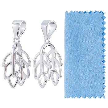 2Pcs 925 Sterling Silver Ice Pick Pinch Bails, Leaf, with 1Pc Suede Fabric Square Silver Polishing Cloth, Real Platinum Plated, 16.5x7mm, Hole: 3x4.5mm, Pin: 0.9mm
