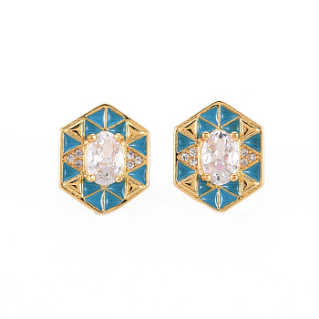 Brass Micro Pave Clear Cubic Zirconia Stud Earrings, with Enamel and Ear Nuts, Hexagon, Cadmium Free & Nickel Free & Lead Free, Real 16K Gold Plated, Sky Blue, 15x12mm, Pin: 0.8mm