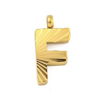 Ion Plating(IP) 304 Stainless Steel Charms, Handmade Engrave Figure, Full Polished, Golden, Letter F, 14x7x2mm, Hole: 1.8mm