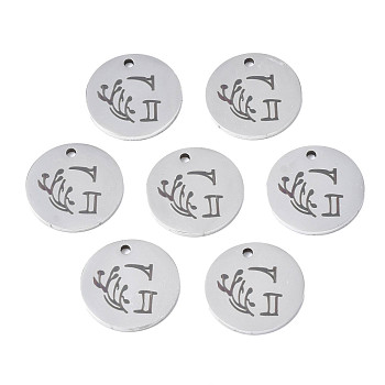 304 Stainless Steel Charms, Laser Cut, Designed Letter Engraved, Flat Round, Stainless Steel Color, Letter.G, 14x1mm, Hole: 1.2mm