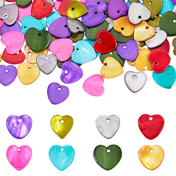 AHADERMAKER 80Pcs 8 Colors Spray Painted Freshwater Shell Heart Charms, Mixed Color, 13~14x13~14x1.5~2mm, Hole: 1mm, 10pcs/color