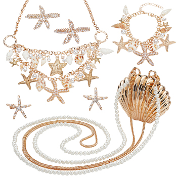 Elite Natural Shell & Alloy Starfish Jewelry Set with ABS Imitation Pearl Beaded, Including Dangle Earrings & Rhinestone Alligator Hair Clips & Charm Bracelet & Bib Necklace, Mixed Shapes, 180mm