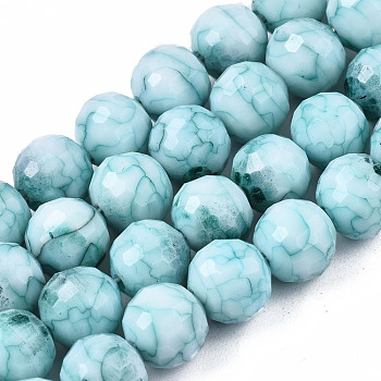 Opaque Baking Painted Crackle Glass Beads Strands, Round, Faceted, Medium Turquoise, 8x7.5mm, Hole: 0.8mm, about 60pcs/strand, 17.32~17.72 inch(44~45cm)