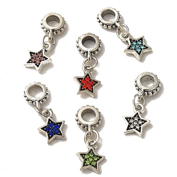Alloy Rhinestone European Dangle Charms, Star, Antique Silver, Mixed Color, 24mm, Hole: 4mm