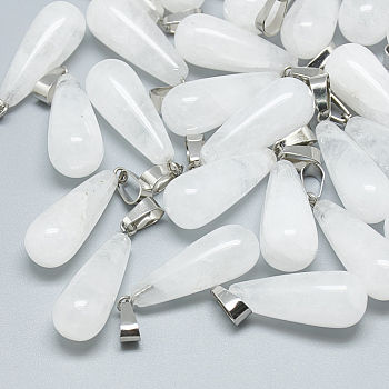 Natural Quartz Crystal Pendants, with Stainless Steel Snap On Bails, teardrop, 28~30x10~12mm, Hole: 6x4mm