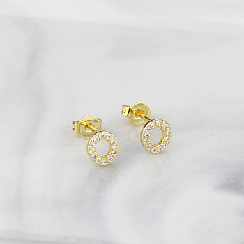 Brass Clear Cubic Zirconia Stud Earrings, Golden, Letter O, 6.5x6.5mm