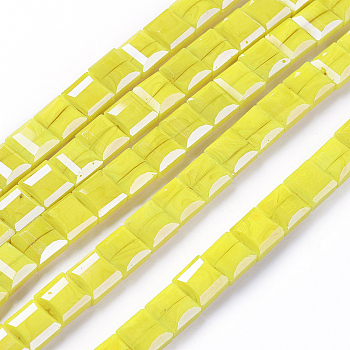 Electroplate Opaque Solid Color Glass Beads Strands, Faceted Square, Yellow, 9x9x5mm, Hole: 1mm, about 35pcs/strand, 12.4 inch
