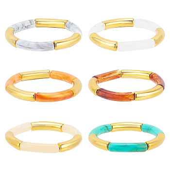 6Pcs 6 Colors Acrylic Curved Tube Beaded Stretch Braceles Set for Women, Mixed Color, Inner Diameter: 2 inch(5.13cm), 1Pc/color