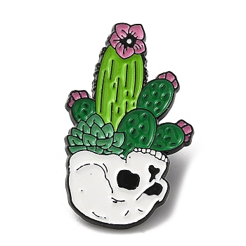Black Alloy Brooch, Enamel Pins, Skull with Cactus, Lawn Green, 30x19x1mm
