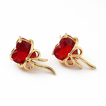 Cubic Zirconia Heart with Bowknot Stud Earrings, Real 18K Gold Plated Brass Jewelry for Women, Red, 20x13mm, Pin: 0.7mm