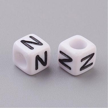 White Letter N Acrylic Cube Beads(X-PL37C9308-N)-2