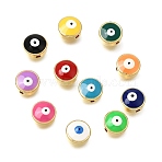 Brass Enamel Beads, Flat Round with Evil Eye, Real 18K Gold Plated, Mixed Color, 8x5mm, Hole: 1mm(KK-CBA0E55-03G)