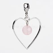 Natural Rose Quartz Dangle Pendants, with Alloy Heart, Brass Lobster Claw Clasp, 48x30mm(HJEW-JM00233-01)