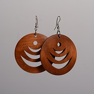 Flat Round Hollow Wood Dangle Earrings, with Platinum Plated Iron Earring Hooks, Saddle Brown, 70x49mm, Pin: 0.8mm(EJEW-F0090-03F)
