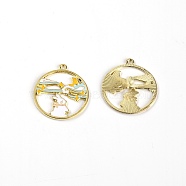 Alloy Enamel Pendants, Flat Round with Rabbit, Light Gold, Light Blue, 30x27x1.5mm, Hole: 2mm(ENAM-TAC0001-64)