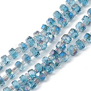 Transparent Electroplate Glass Beads Strands, Faceted, Rondelle, Half Rainbow Plated, Deep Sky Blue, 5.5x3.5~4mm, Hole: 1mm, about 100pcs/strand, 21.65~22.05 inch(55~56cm)(EGLA-F153-HR02)