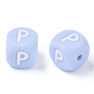 Food Grade Eco-Friendly Silicone Beads, Horizontal Hole, Chewing Beads For Teethers, DIY Nursing Necklaces Making, Letter Style, Cube, Light Sky Blue, Letter.P, 10x10x10mm, Hole: 2mm(SIL-R011-10mm-02P)