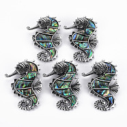 Sea Horse Shape Natural Abalone Shell/Paua Shell Brooch Pin, Alloy Lapel Pin for Backpack Clothing, Lead Free & Cadmium Free, Antique Silver, Colorful, 59x39~43x11mm, Hole: 5x3mm, Pin: 0.6mm(G-N333-006-RS)