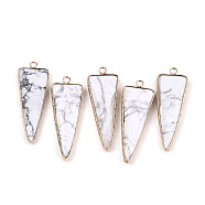 Natural Howlite Pointed Pendants, with Light Gold Plated Brass Edge and Loop, Triangle, Faceted, 45.5x16.5x6~7mm, Hole: 2.5mm(G-N326-56G)