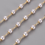 Handmade Brass Cable Chains, with ABS Plastic Imitation Pearl Beads, Soldered, with Spool, Real 18K Gold Plated, 2.5x1x0.2mm, about 16.4 Feet(5m)/roll(CHC-S012-008)