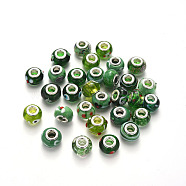 Handmade Lampwork European Beads, Large Hole Rondelle Beads, with Platinum Tone Brass Double Cores, Mix Pattern, Green, 14~16x9~10mm, Hole: 5mm(LPDL-N001-M-08)