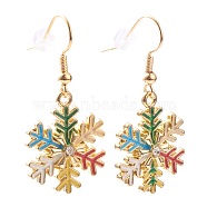 Alloy Enamel Snowflake Dangle Earrings for Christmas, with Rhinestone, Brass Earring Hooks & Ear Nuts, Colorful, Golden, 40mm, Pin: 0.5mm(X-EJEW-JE04461)