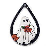 Halloween Printed Acrylic Big Pendants, Teardrop Charms, Ghost, 52.5x39.5x2mm, Hole: 1mm(MACR-M048-01B)