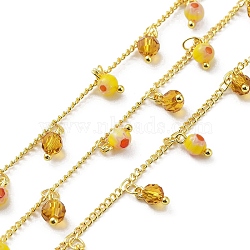 Real 18K Gold Plated Brass Curb Chains, with Glass & Lampwork Round Charms, Soldered, with Spool, Gold, 2x1.5x0.3mm, about 32.81 Feet(10m)/Roll(CHC-C001-15G)