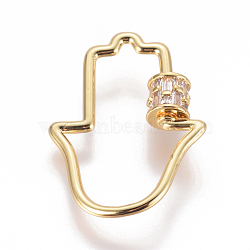Brass Micro Pave Cubic Zirconia Screw Carabiner Lock Charms, for Necklaces Making, Hamsa Hand/Hand of Fatima/Hand of Miriam, Clear, Golden, 31.5x24x2~5.5mm(ZIRC-F105-11G)