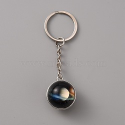Platinum Tone Alloy Keychain, with Glass Saturn Pendants and Iron Ring, Coconut Brown, 8cm(KEYC-WH0029-61F)