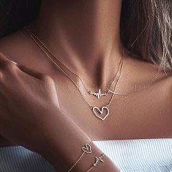 Double Layer Alloy ECG & Heart Pendant Necklaces for Women, Golden, 20.47 inch(52cm)(WGD710A-01)