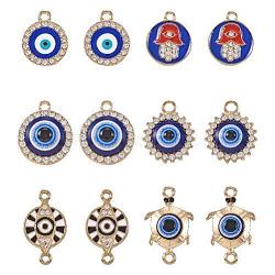 DIY Evil Eye Jewelry Making Finding Kit, Including Alloy Crystal Rhinestone & Connector Charms, Flat Round & Tortoise, Light Gold, 13~24.5x14~23x1.5~4.5mm, Hole: 1.4~2.5mm, 24Pcs/box(FIND-TA0002-62)