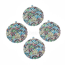 430 Stainless Steel Pendants, Spray Painted, Etched Metal Embellishments, Flat Round with Plant Pattern, Blue, 42.5x39.5x0.3mm, Hole: 1.8mm(STAS-T061-21-D03)