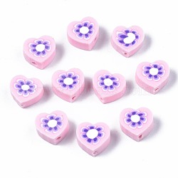 Handmade Polymer Clay Beads, Heart with Flower Pattern, Pink, 9x9~10x4~5mm, Hole: 1.5mm(CLAY-N011-013F)
