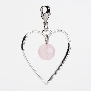 Natural Rose Quartz Dangle Pendants, with Alloy Heart, Brass Lobster Claw Clasp, 48x30mm