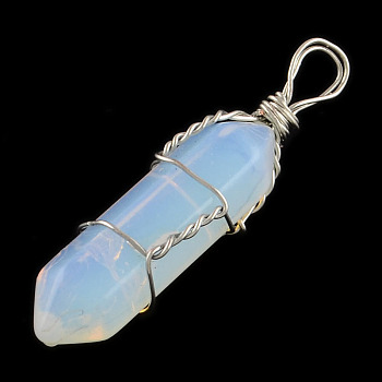 Opal Stone Double Terminated Pointed Pendants, with Platinum Plated Iron Findings, Bullet, 38~45x8x8mm, Hole: 4mm