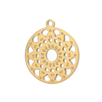 304 Stainless Steel Pendants, Flat Round with Flower Charm, Long-Lasting Plated, Ion Plating(IP), Real 14K Gold Plated, 16.5x15x1mm, Hole: 1.2mm
