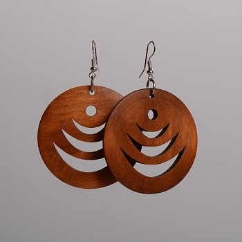Flat Round Hollow Wood Dangle Earrings, with Platinum Plated Iron Earring Hooks, Saddle Brown, 70x49mm, Pin: 0.8mm