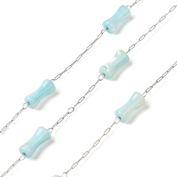 304 Stainless Steel Cable Chains and Dyed Shell Beads, Tambourin, Soldered, with Spool, Light Sky Blue, 2.5x0.8x0.1mm