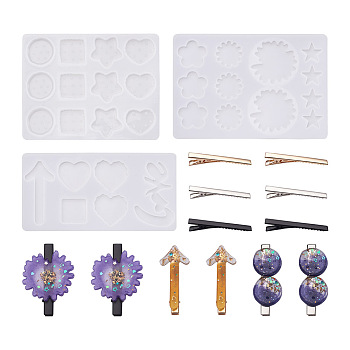 3Pcs 3 Style Silicone Molds, Hair Accessories Molds, For DIY Clamp Decoration, UV Resin & Epoxy Resin Jewelry Making, Mixed Shapes, with 3Sets 3 Colors Zinc Alloy Alligator Hair Clips, Mixed Color, Hair Clips: 66x11x13mm, 3 sets/bag